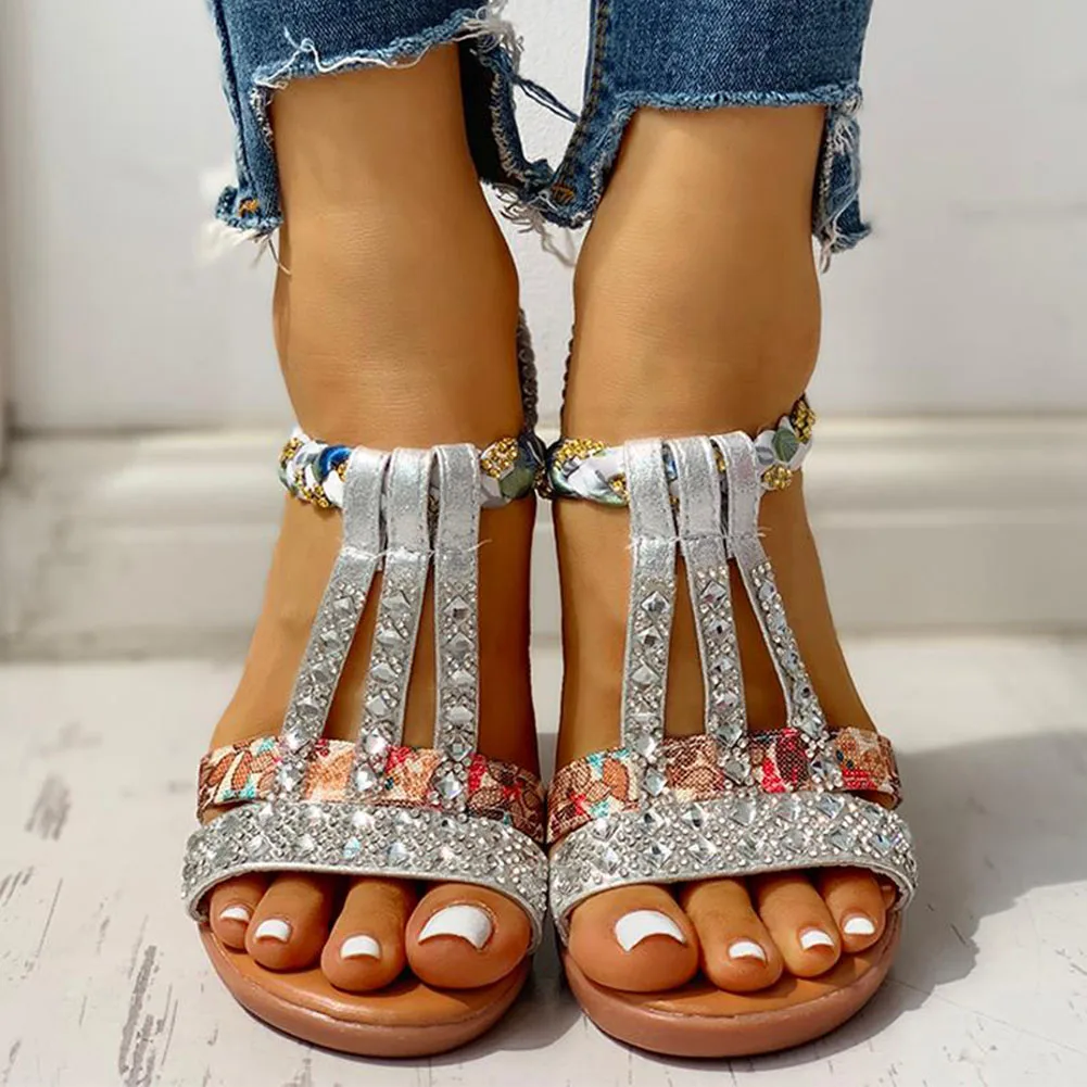 New Gladiator Wedge Heels Elastic Band Crystals Summer Women Shoes Woman Sandals Leisure Beach Sandals Large Size 35-43