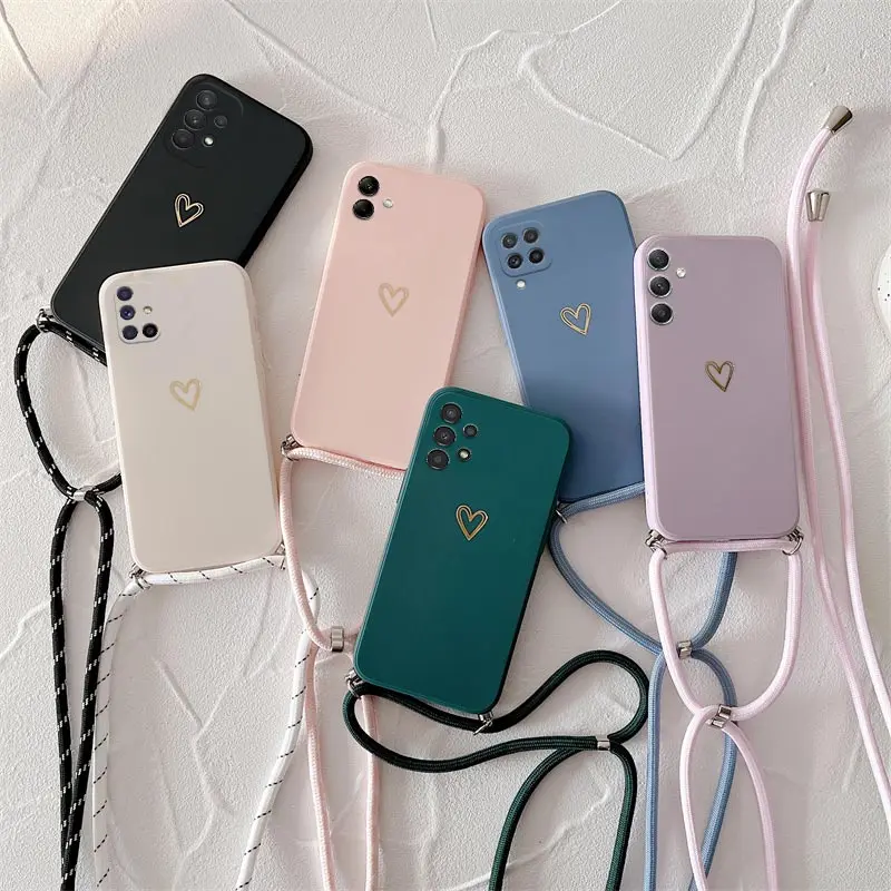 Crossbody Lanyard Silicone Phone Case For Samsung Galaxy A53 A52 A52S A73 A33 A72 A32 4G 5G A51 A71 A12 A31 A22 Love Heart Cover