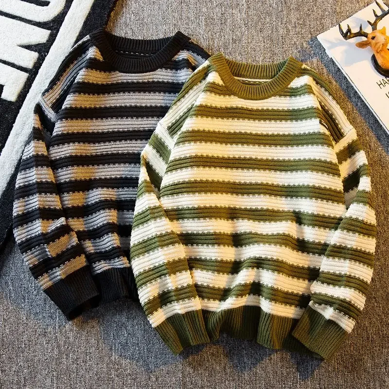 Men and Women Couple Dress Lazy Style Retro Stripe Round Neck Sweater Handsome Trendy Brand Advanced Sense BF Style Knitwear Y2k