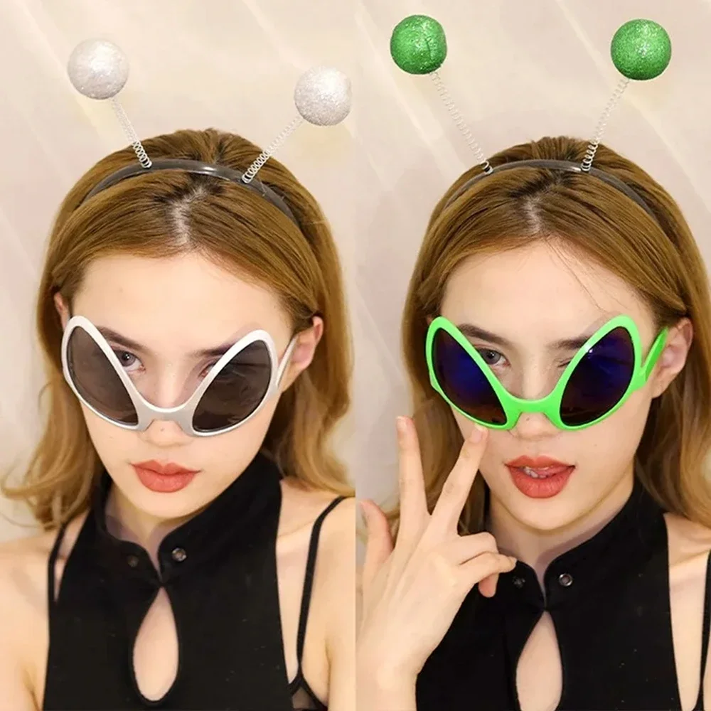 Alien-Themen-Party-Zubehör-Set Grünes Glitzer-Kugel-Stirnband & Sonnenbrille für Damen und Herren mit Regenbogen-Gläsern Lustige Brillen – Detail 2