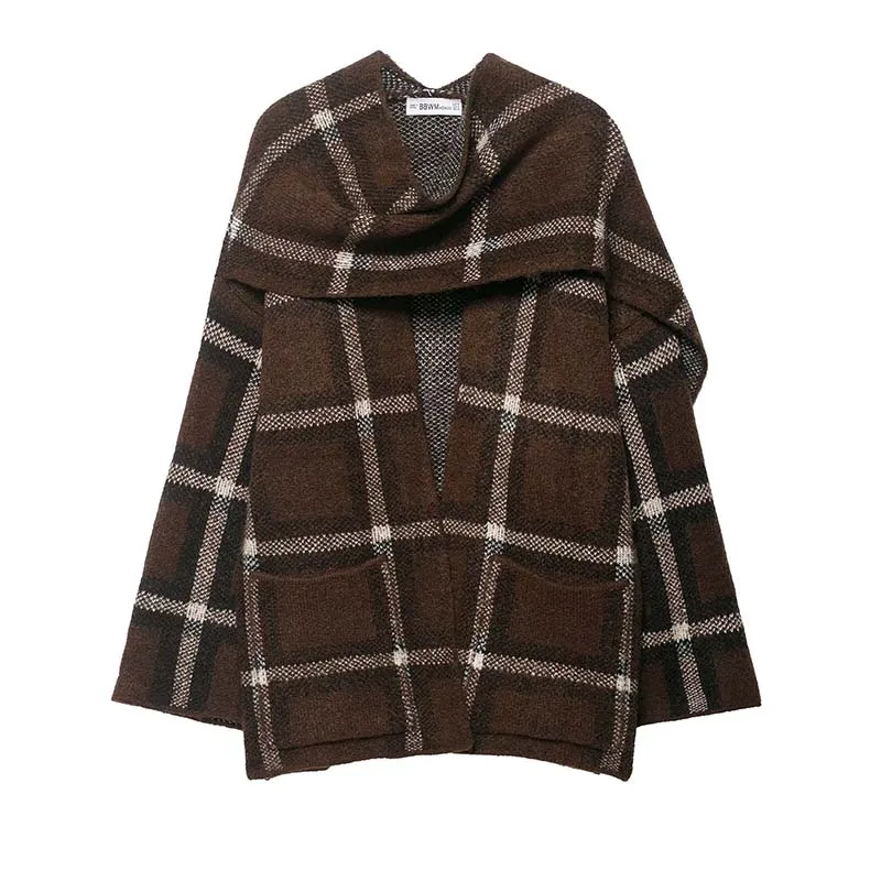 2025 New Women Fashion Plaid Knitted Cardigans Long Sleeve Scarf Collar Sweater Cardigan Autumn Winter New Style Knitwear Coat