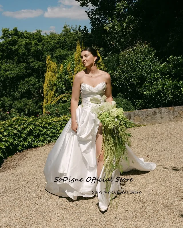 SoDigne A-line Satin Wedding Dresses Sweetheart Sleeveless Ruched Bridal Dress Split Wedding Gown Robe De Mairee Customized 14 Sde406b7ba02b4a3396f72f5ad13a15344
