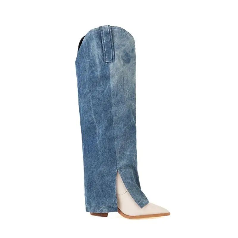 Femalean Xy3018 Western Cowboy Long Boots Denim Stitching Microfiber