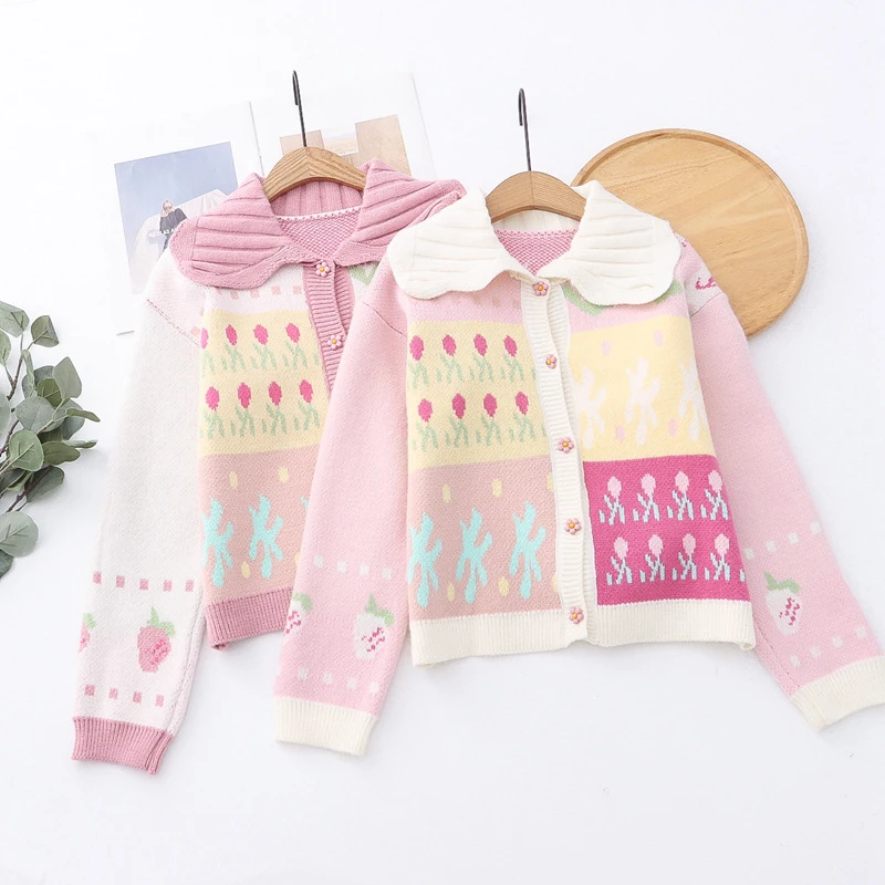 

Korean Style Cute Sweet Doll Collar Sweater Coat Women's Autumn And Winter Lapel Knitwear Printed Patchwork Cardigan Top