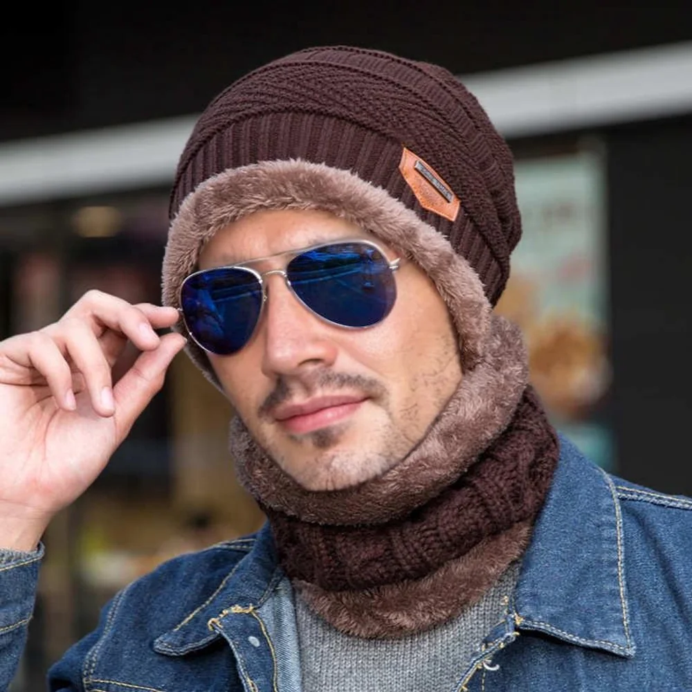 Unisex Classic Thicken Warm Knitted Suit Set Lined Winter Hat Soft Stretch Winter Hats For Men&Women Leisure Beanie Cap