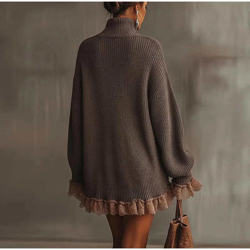 Taupefarbenes Rollkragen-Strickkleid für Damen, gerüschter Spitzensaum, volle Ärmel, Kleider 2026, Frühling, Herbst, weiblich, lässig, Ausflüge, tägliches Passend – Detail 4