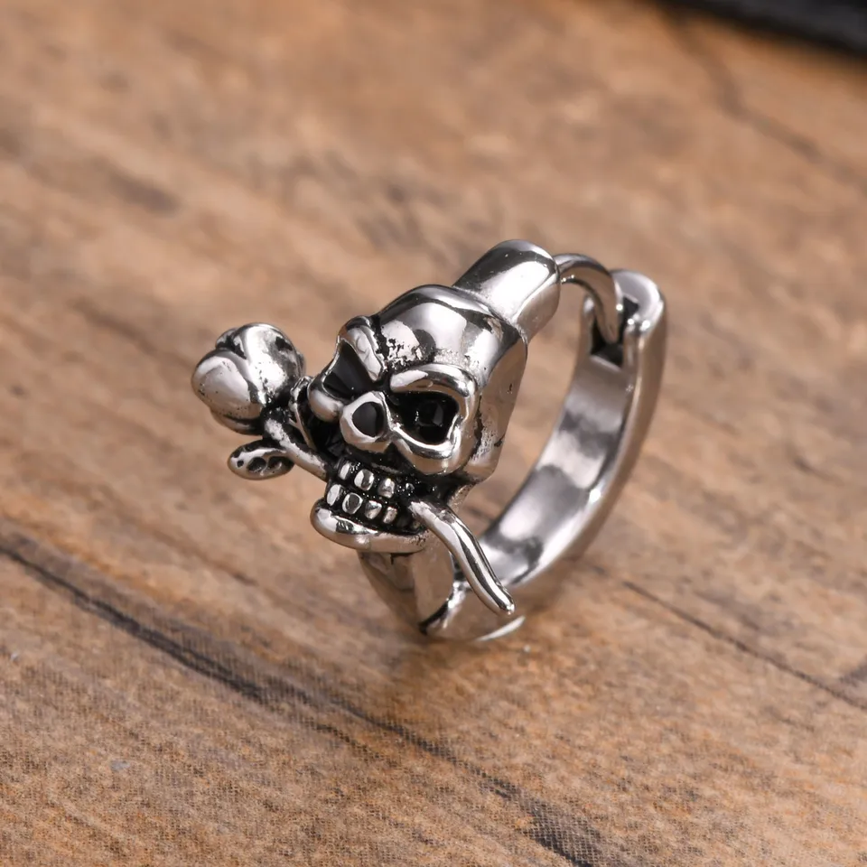 JewelryWe Orecchini Uomo Con Teschio A Cerchio, Acciaio Inossidabile, Color Argento/Oro/Nero, Diametro 17 Mm, Regalo Halloween - 4