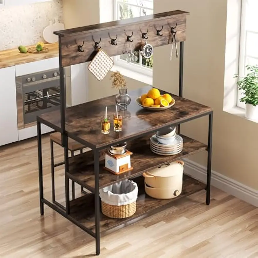 Kitchen Island Table with Storage Shelves and Hutch, 3 Tiers Coffee Bar Rack with and 14 Hooks, Dining