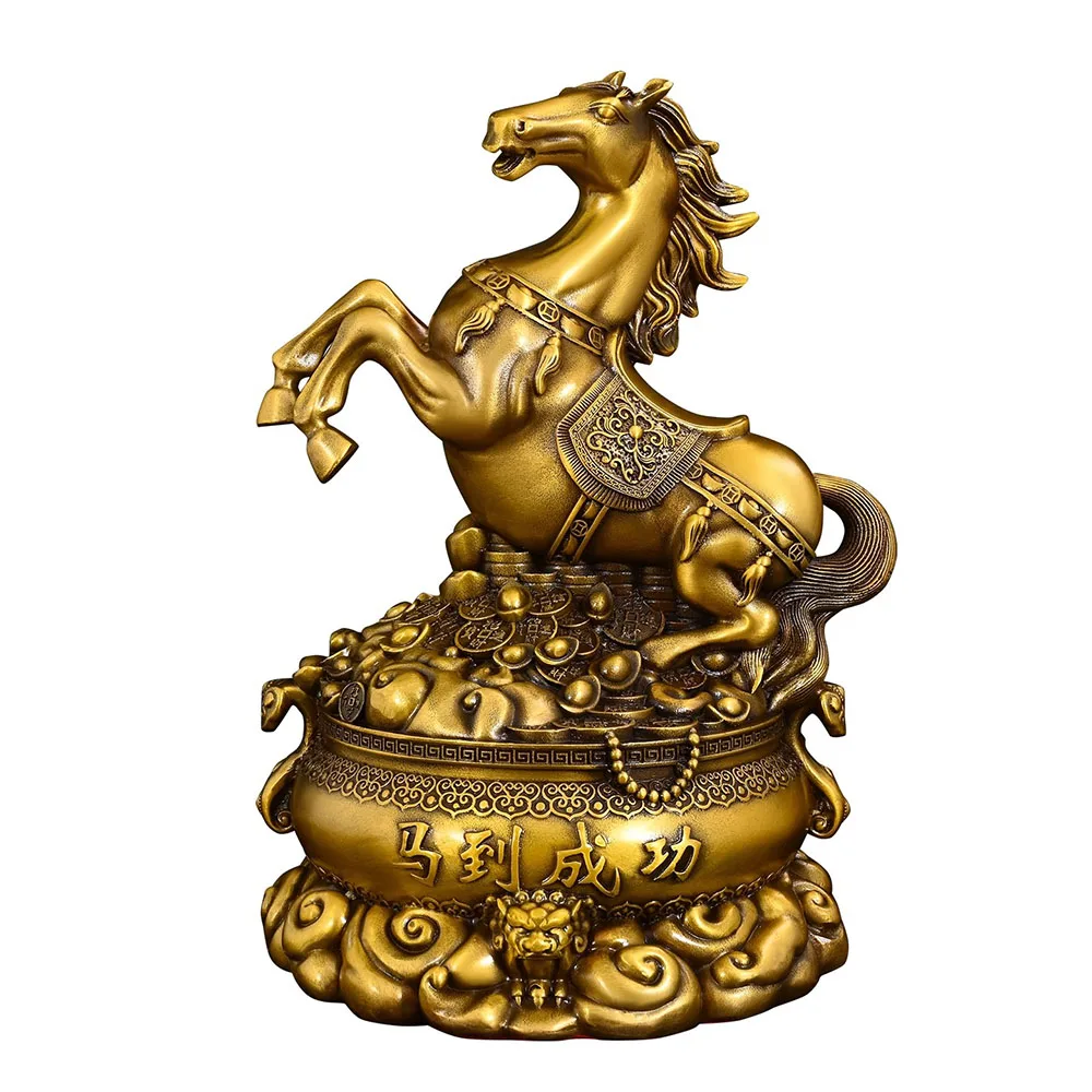 Lucky Brass Horse Statue on Treasure Basin - Chinese Money Horse Figurine for Success, Wealth & Good Fortune, Office Desk Decor