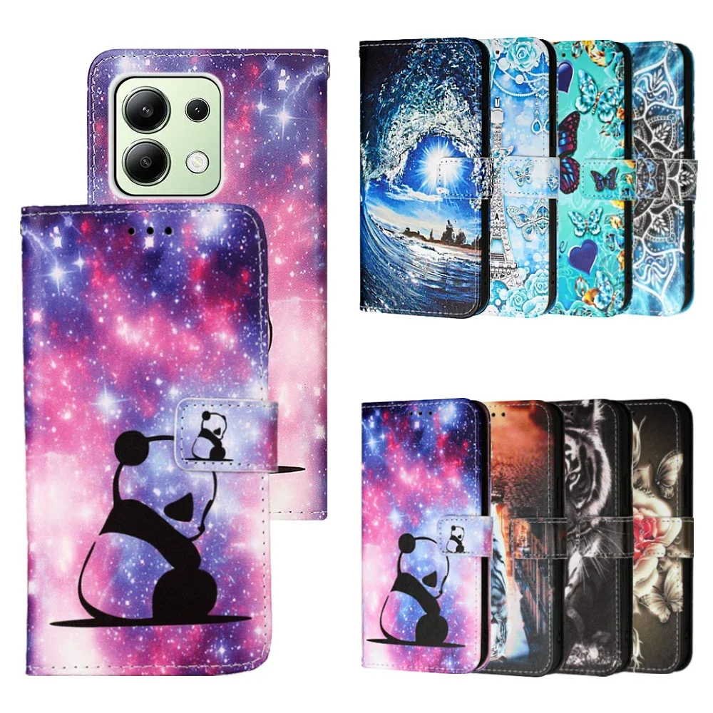 Cute Painted PU Leather Flip Wallet Book Cover with Card Holder & Strap