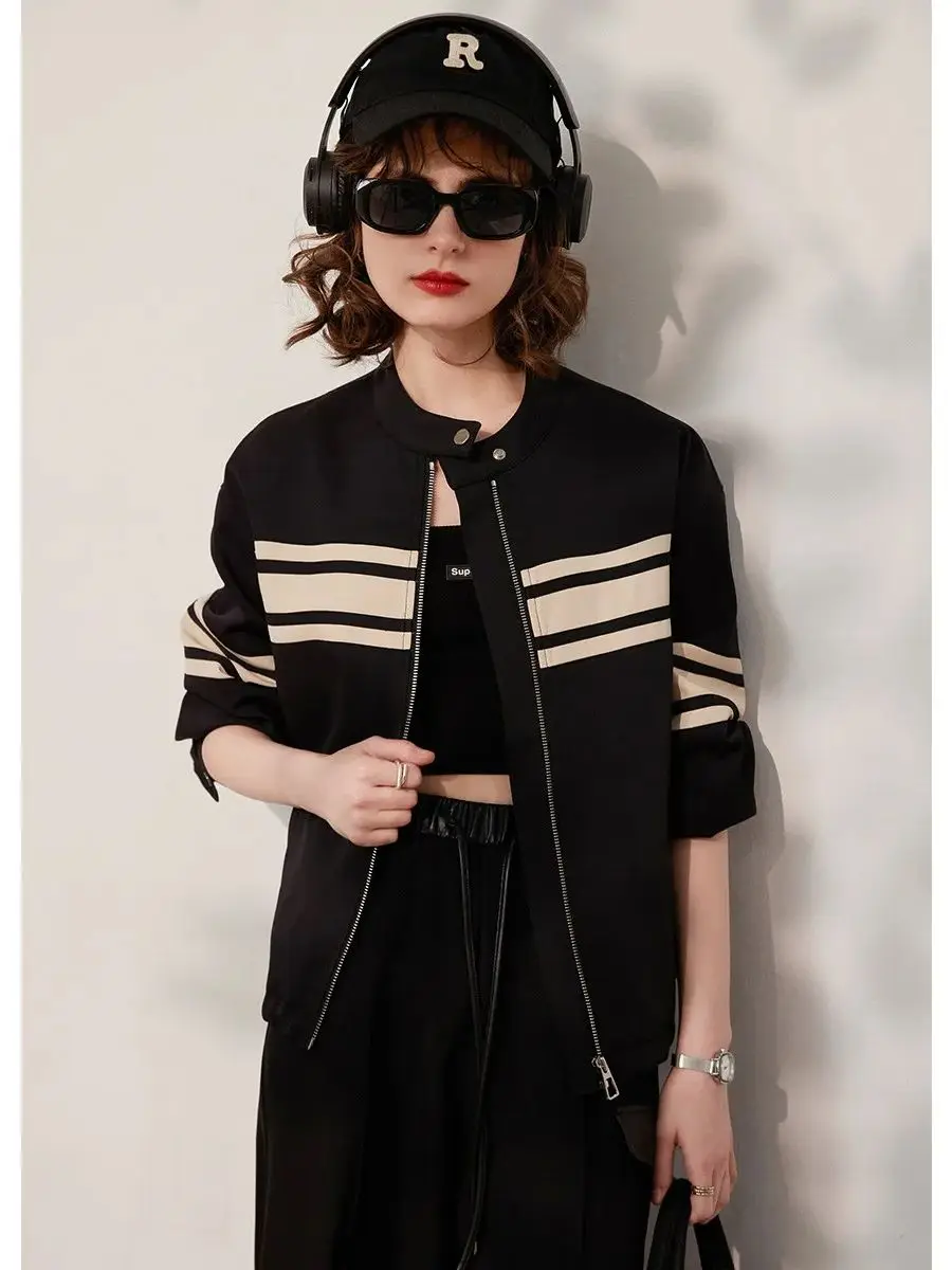 LOUIS YAO Women Jacket 2024 Spring New Round Neck Long Sleeve Contrast Color Striped Loose Fit Fashionable Women's Coat