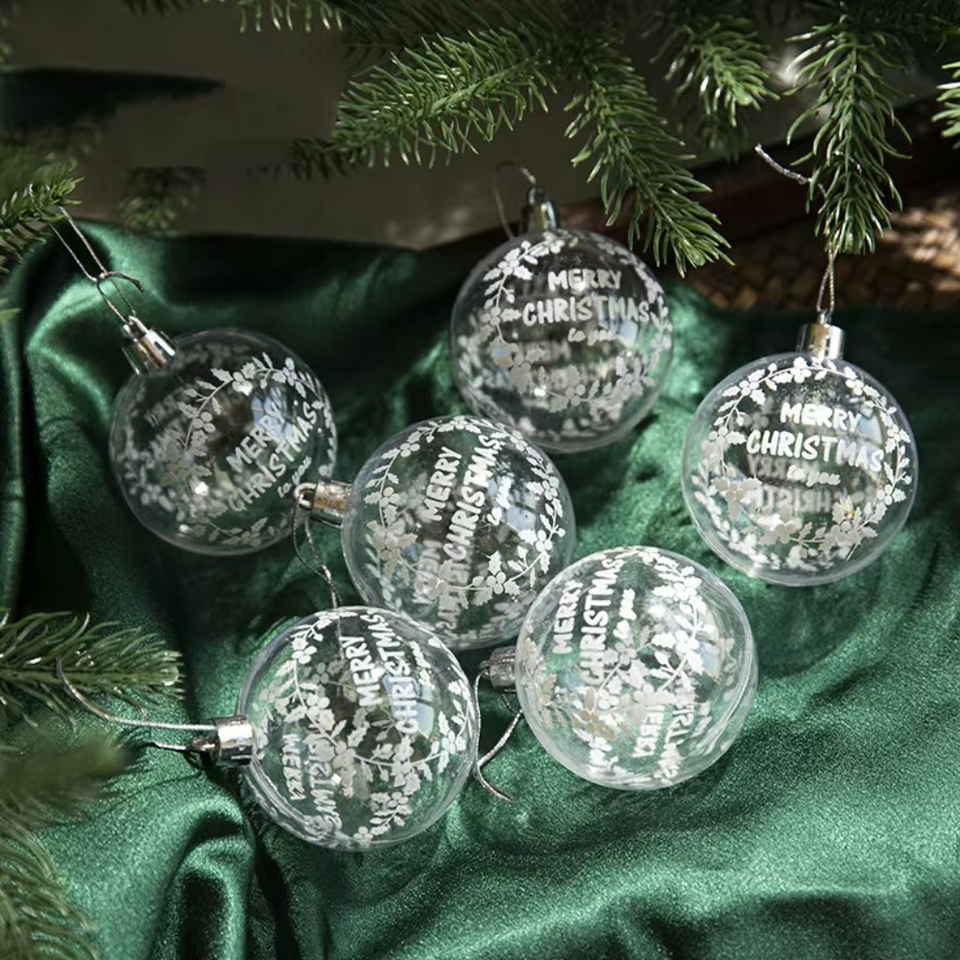6Pcs 6cm Clear Acrylic Xmas Ornaments, Frosted Tree Design with Metal Cap, Christmas Ball Decor for Tree Gift Home Party