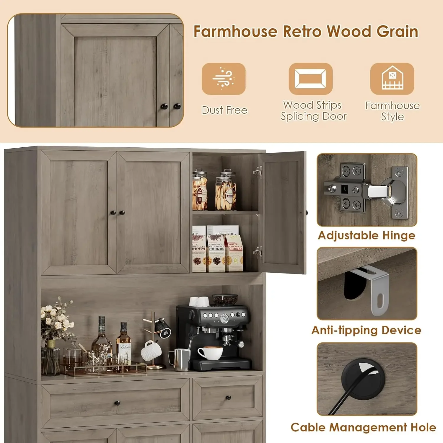 NEW-72" Kitchen Pantry Cabinet, Kitchen Hutch with Microwave Stand, Buffet Cabinet with Hutch for Dining Room, Ash Gray