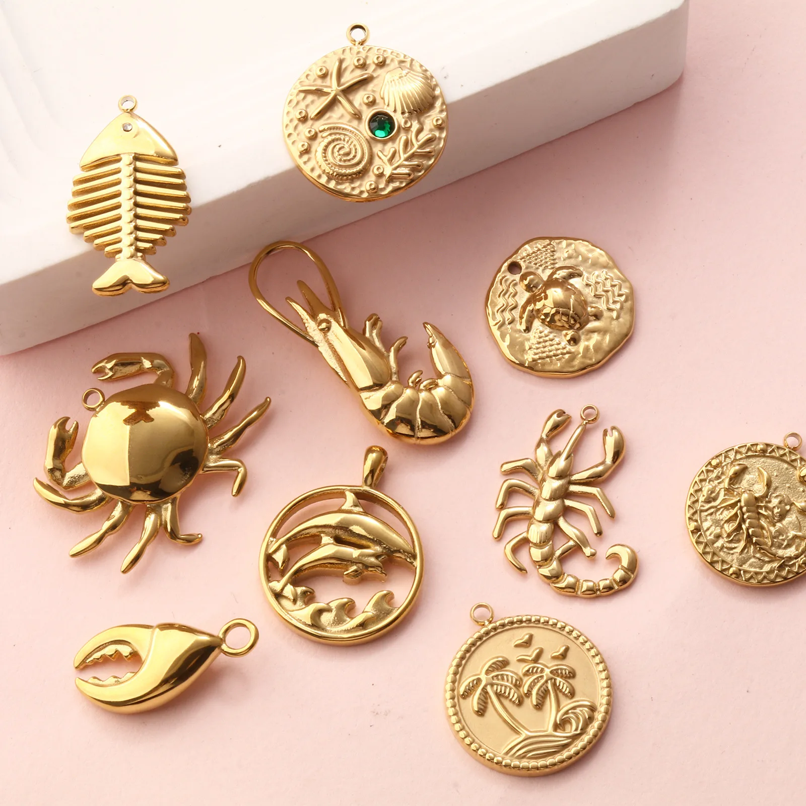 1 Stück 304 Edelstahl Ozean Schmuck Charms 18 Karat vergoldet Krabbe Fisch Garnelen Seestern Anhänger für DIY Halskette Schlüsselanhänger – Detail 6
