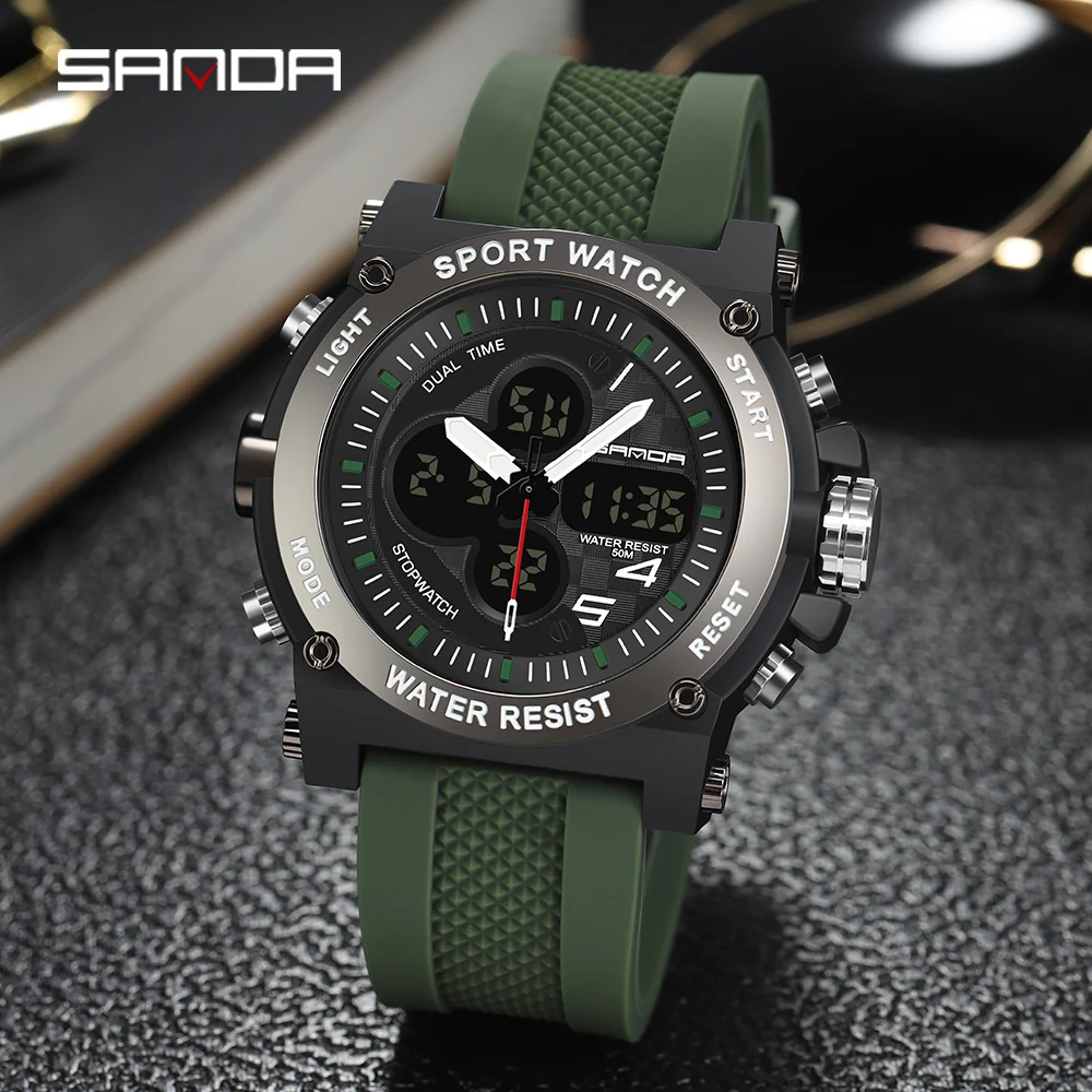 SANDA Mens Watches Outdoor Sports Multifunction Dual Display Watch Luminous LED 50M Waterproof Watch Men Relogio Masculino 3107