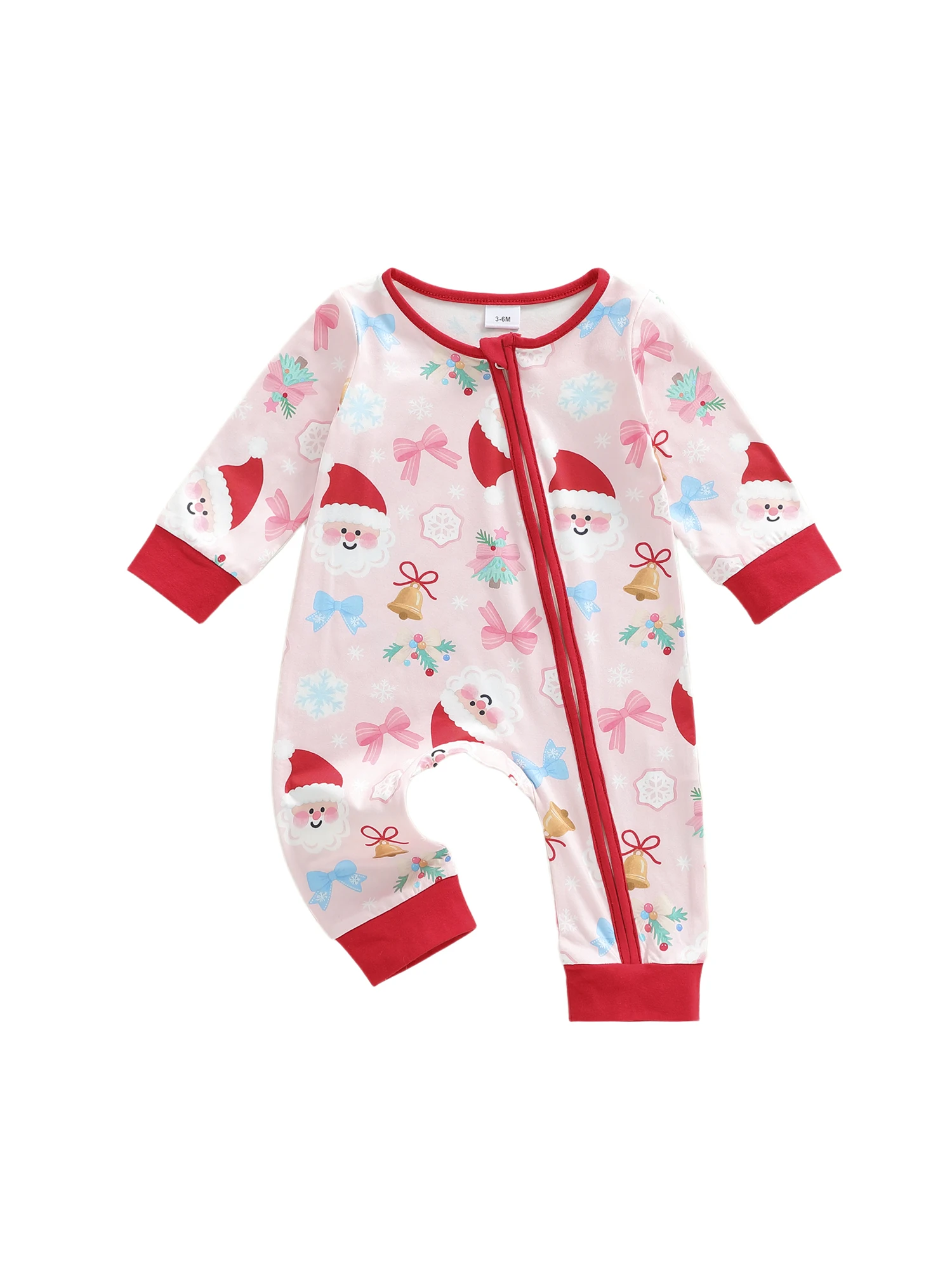 Baby Girl Christmas Oblique Zipper Romper Long Sleeve Round Neck Santa Claus Gingerbread Man Print Jumpsuit