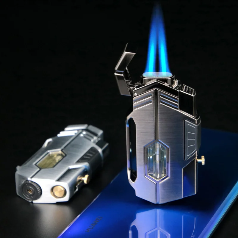 

Dual Direct Blue Flame Cigar Lighter With Strong Firepower Butane Gas Gas Cigarette Lighter Visible Transom Smoking Accessories