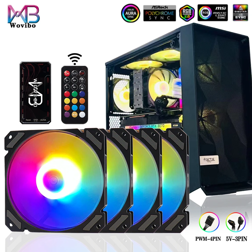 Wovibo-ventilador Refrigerador para pc Pwm Chassis do Computador Ventilador Argb Aura Sync Radiator Dissipador de Refrigeração 12cm 4pin 5v 3pin