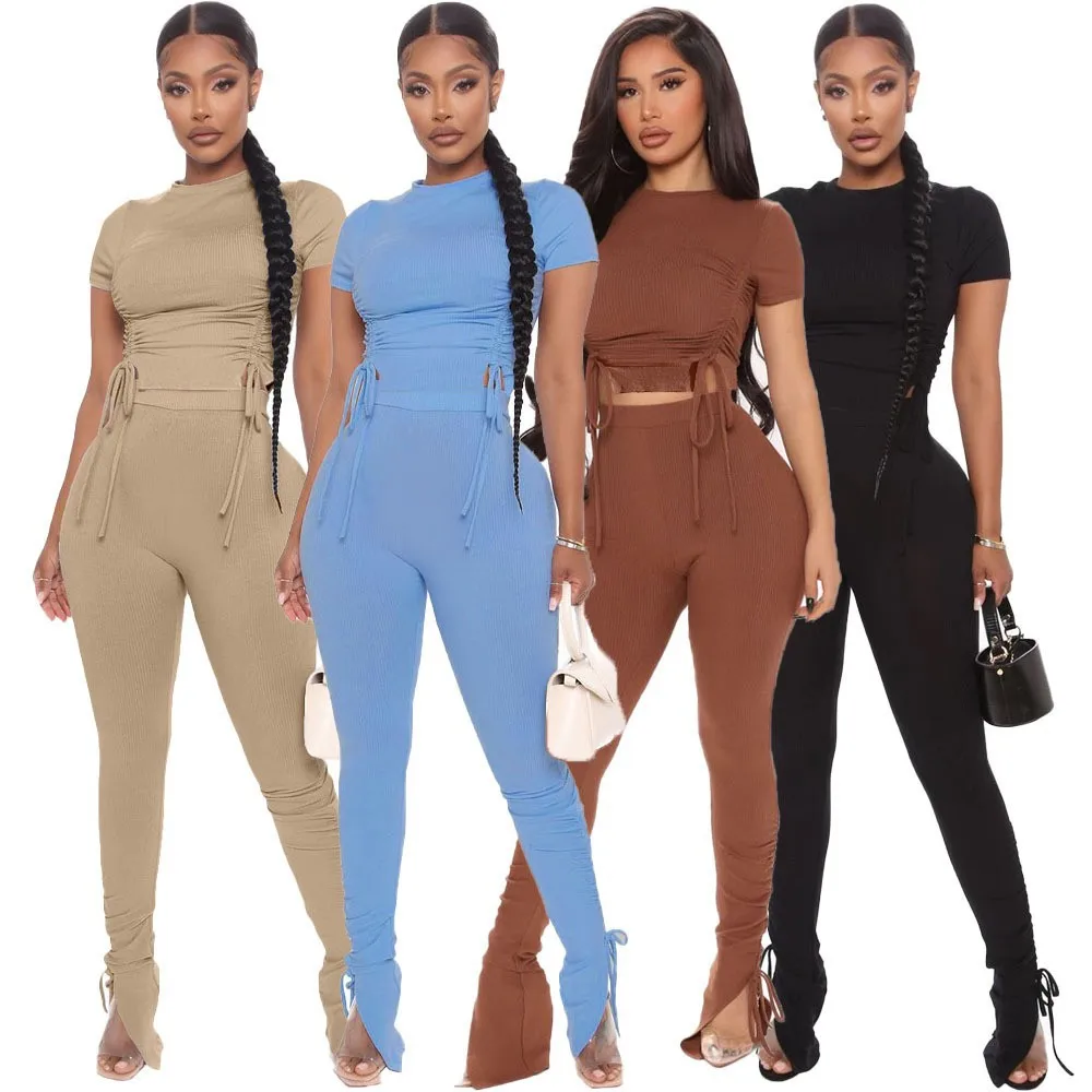 Women Ribbed Yoga Set Short Sleeve Crop Top High Waist Sport Leggings Set Active Wear Gym Suit Workout Clothes For Women