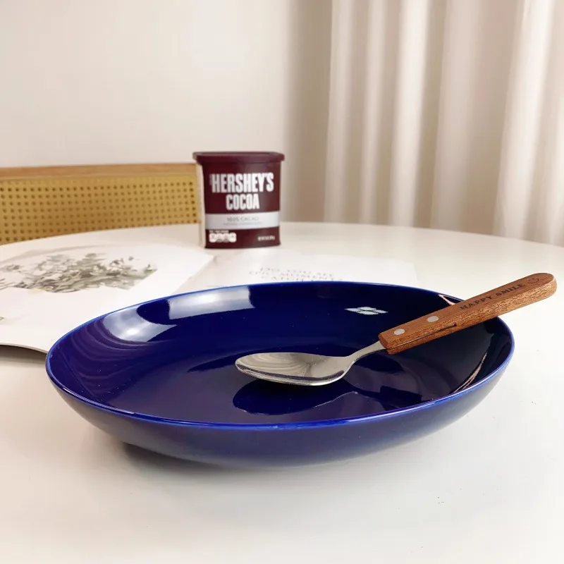 Ins Jiwu Blue Irregular Light Food Bowl Salad Bowl Korean Sapphire Blue Oval Fish Plate Deep Plate Ceramic Soup