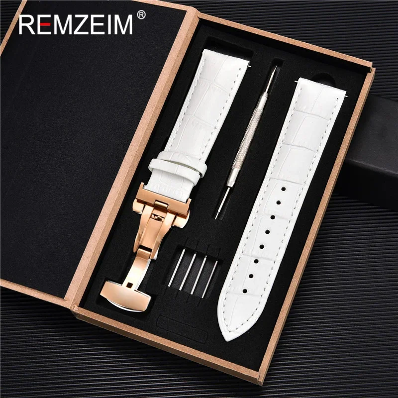 Premium Genuine Leather Watch Band with Stainless Steel Butterfly Clasp and Tool Set