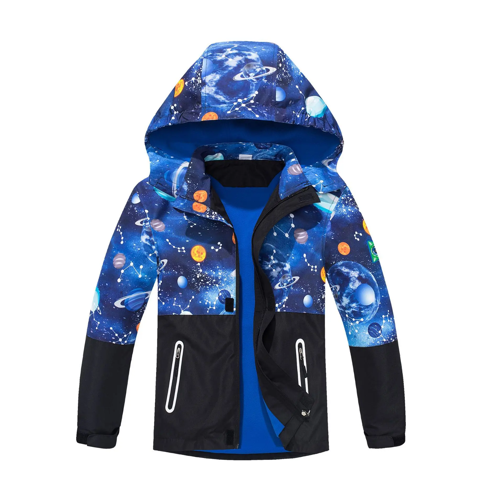 School kids’ outer space waterproof fleece-lined hooded jacket with zipper, windproof design, for boys ages 3-12. blue