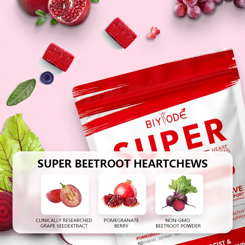 BIYODE Superbeets Heart Chew, Beet Root Powder Energy, Super Beets Heart Chew, Pomegranate Berry Flavor，for All