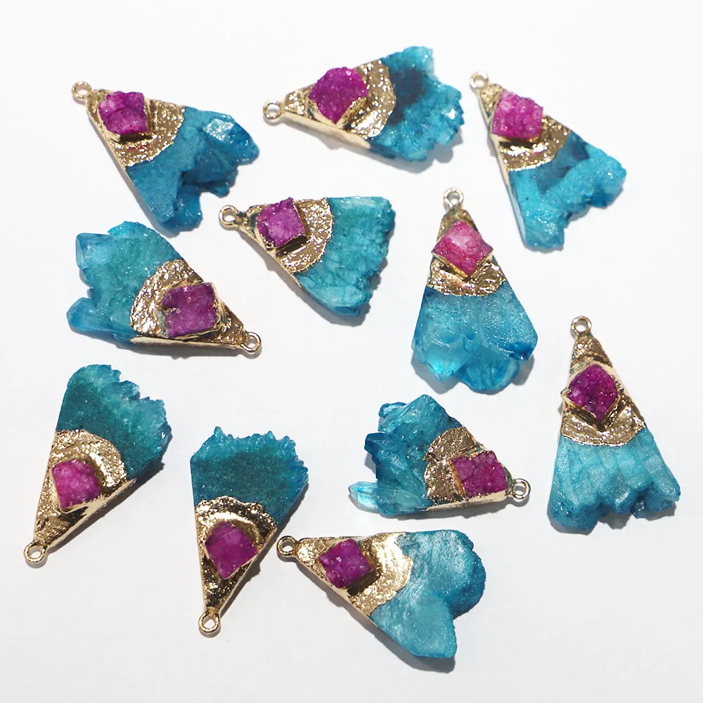 Natural Stone Blue Agate Bruzy Gold Plated Scalloped Necklace Pendant Metal Mineral Specimen Slice Charms Rough For Jewelry 6Pcs