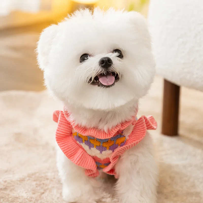 

3D Small Flower Colorful Strips Puppy Sweater Winter Bears Warm Knitted Shirt Teddy Pet Clothes Beautiful Dog Clothing
