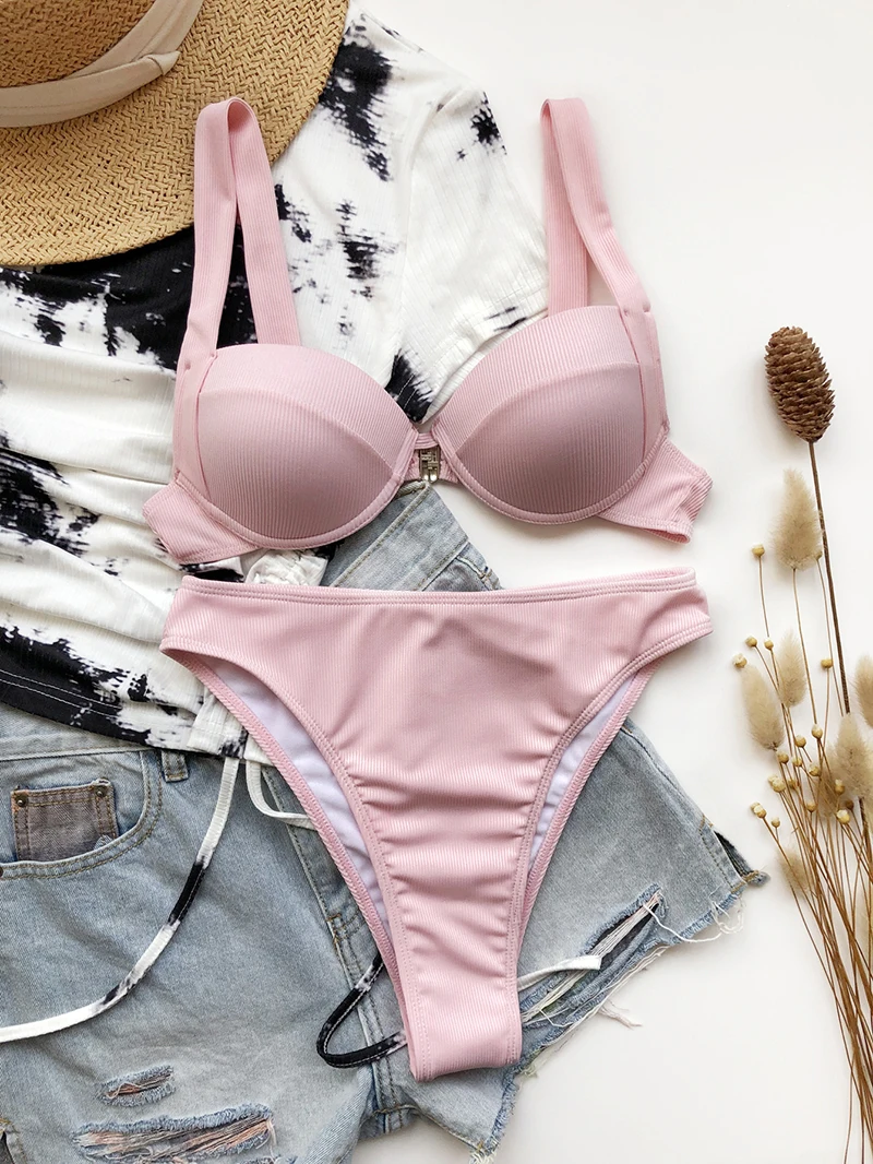 brown bikini set Ribbed Underwire Bikini Set Swimsuit for Women New Solid Swimwear 2022 High Waist Bathing Suit Summer Push Up Bikinis Beachwear bikini set sale