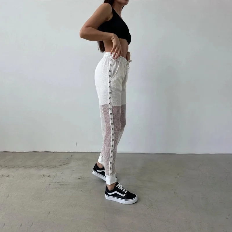 Sweatpants Trousers Women Sports High-waisted Trousers Fishnet Streetwear Loose Patchwork Letter Cutout Mesh Pants Bottom TYFS52