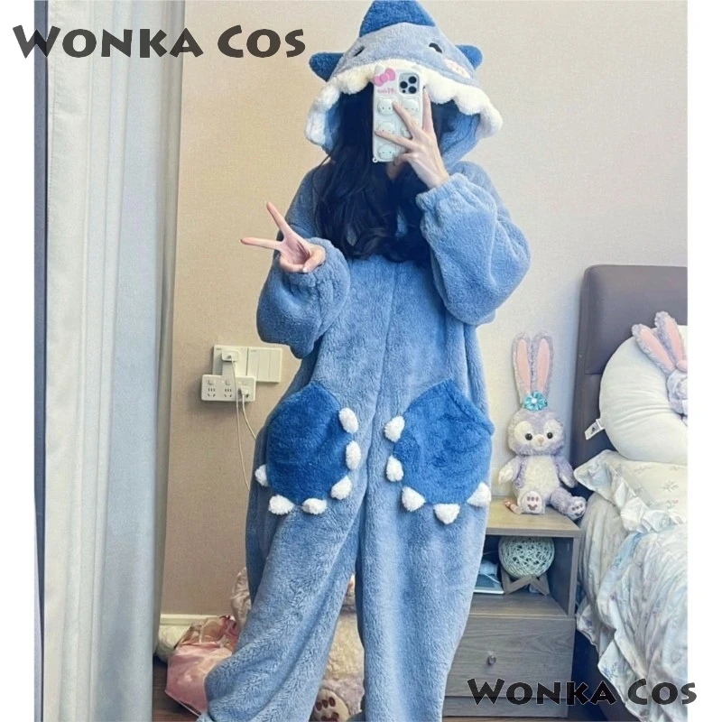 Cartoon Shark Women's Hooded Gawr Sleepwear Kigurumi Unicorn Winter Gura Cosplay Pijama Jumpsuit Christmas Party Loungewear