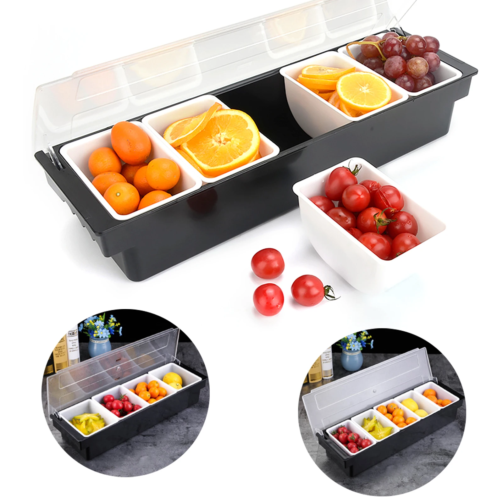 

Condiment Server Dispenser Tray With Hinged Cover Strip Fruit Box 4/5
