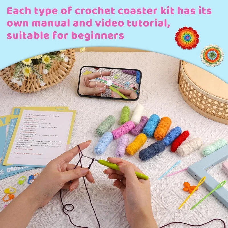 Various Crochet Hook Coasters Kit Knitting Material Kit Crochet Supplies with Soft Yarn Video Tutorials for Adults and Starter crochet yarn crochet kit knitting supplies knitting material