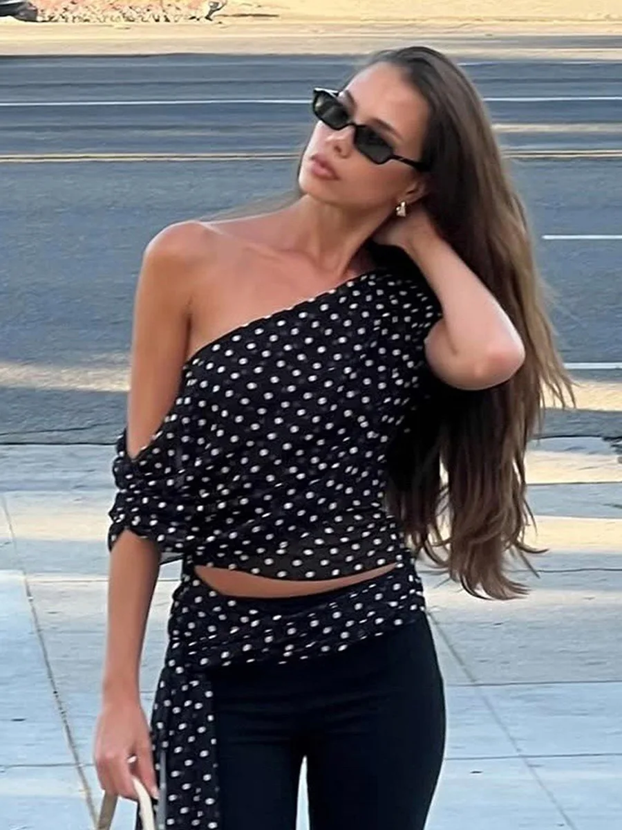 Bornladies Women's 2026 Summer New Polka Dot One-Shoulder Top Sexy Single-Shoulder Camisole Sheer Chiffon Polka Dot Blouse