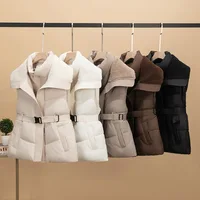 Women's Spliced Lamb Wool Vest Jacket Loose Down Cotton Padded Vest Women's Fuzzy Fleece Vest Oversized Sleeveless Sherpa Jacket