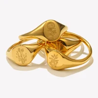 E.B.belle Tarnish Free Stainless Steel 18k Gold Plated Engraving Wildflower Tea Leaf Lavender Sunflower Signet Rings For Women - Image 2