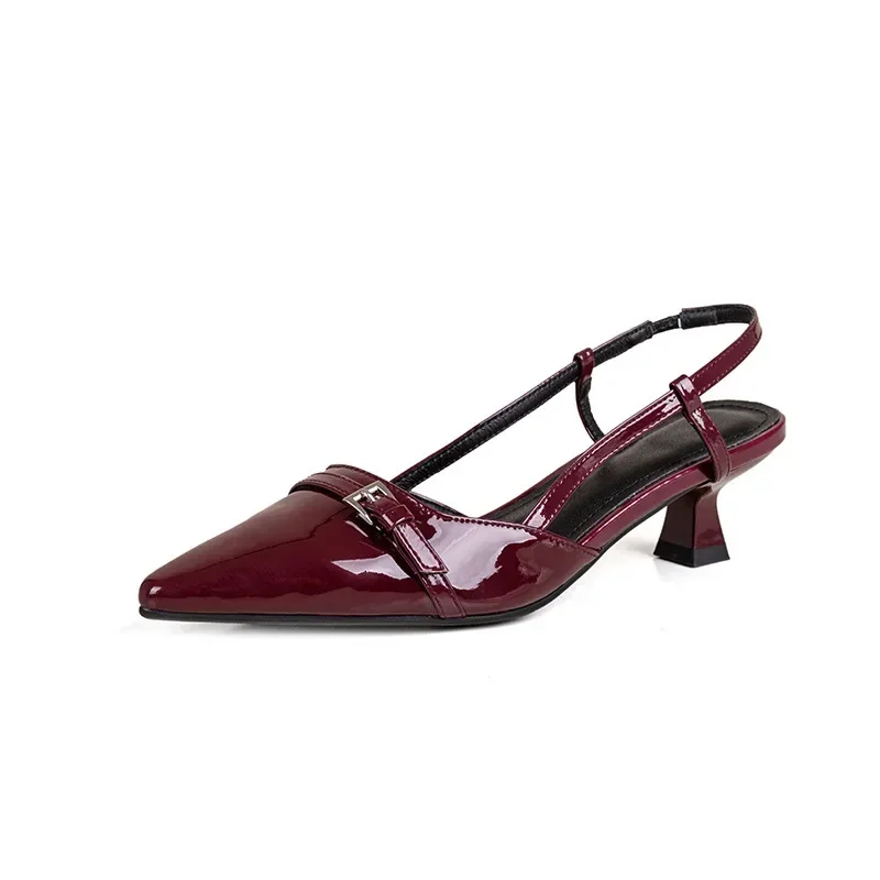 2024 New Summer French Wine Red Pointed Patent Leather Mid-heel Overhead Sandals for Women Retro Skinny Heel Back Empty Shoes 6