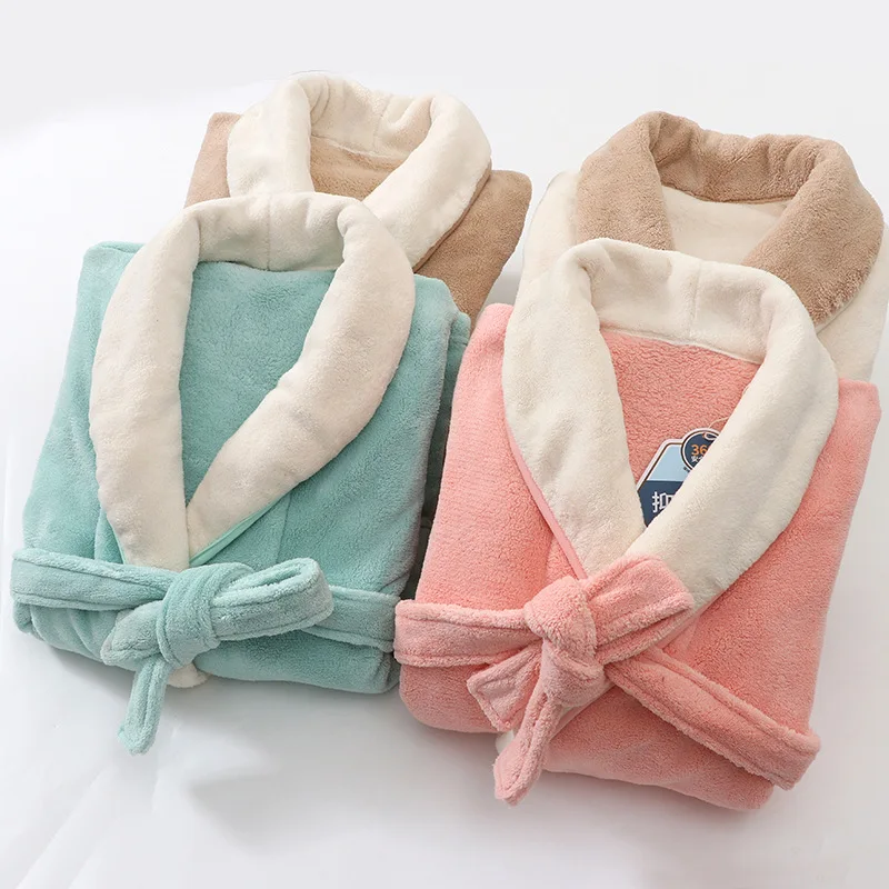Winter Thicken Bathrobes for Kids Girls Flannel Warm Nightgown Teens Boys Bathing Robe Solid Color Night Robe Baby Dressing Gown kids pajamas set flannel pajamas child bathrobe kids robe