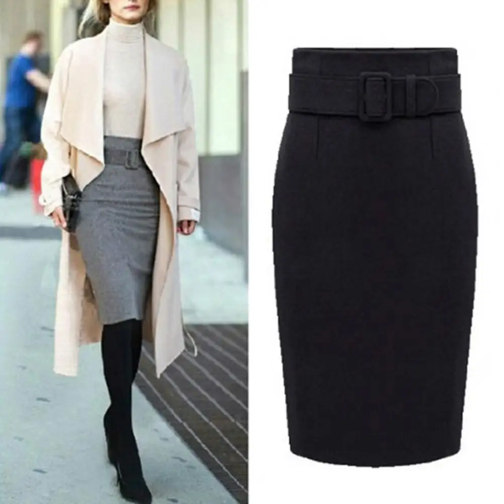 

Winter High-waist Skirt Stylish Women's High Waist Knee Length Midi Skirt Slim Fit Solid Color Warm Soft for Fall/winter Fashion