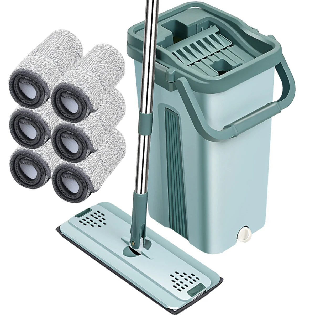 

Mop and Bucket Set with 6 Replacement Mop Pads Flat Mop Bucket Reusable Microfiber Cleaning Mop with Bucket Easy Squeeze Floor