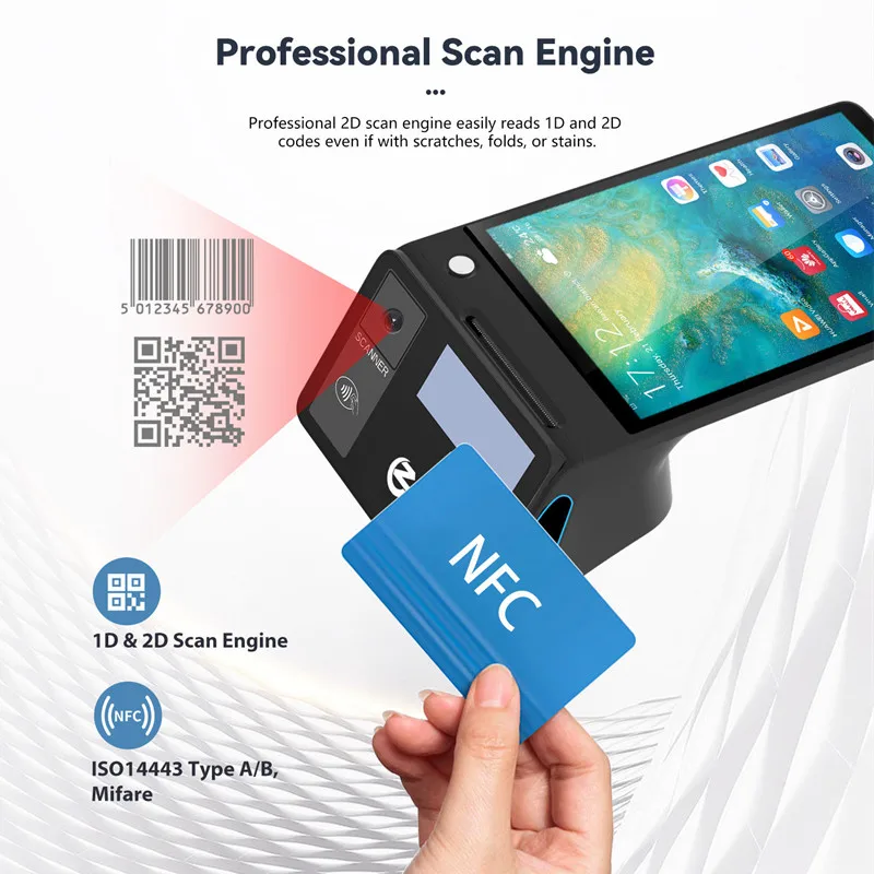 Z108 안드로이드 14 듀얼 스크린 POS 단말기 판매 시점 현금 등록기 (8인치 터치스크린, NFC 스캐너, 58/80mm 감열 프린터 포함)