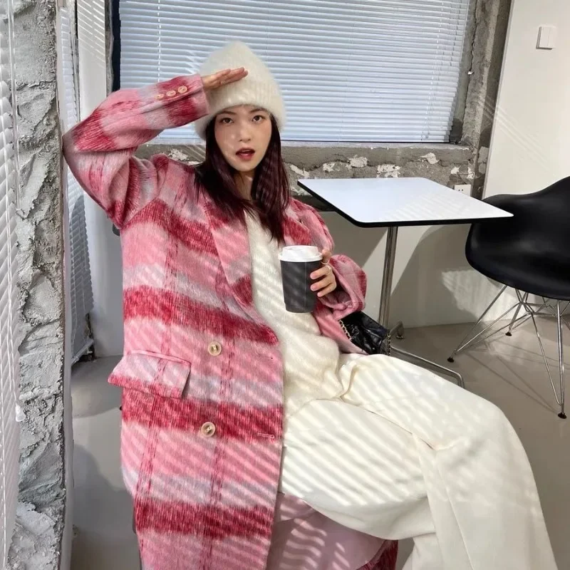 Women Temperament Fashion Woolen Coat Winter New Female Korean Style Loose Thicken Long Plaid Outcoat High-Grade Casual Outwear