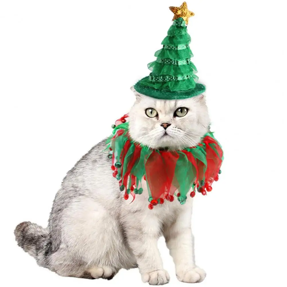 

Christmas Pet Hat with Collar Christmas Tree Shape Adjustable Lovely Carnivals Winter Hat Pet Headgear Pet Accessories