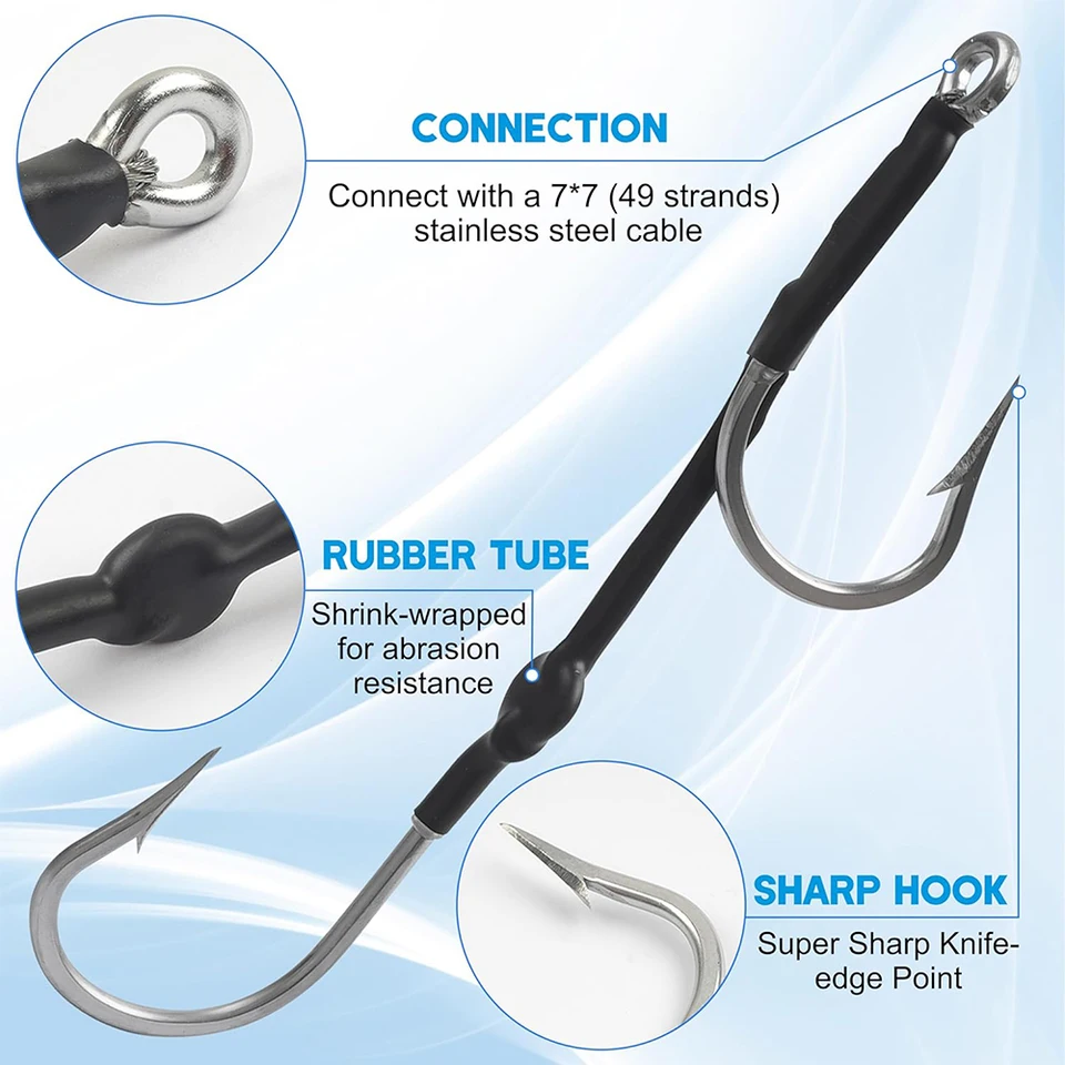 Double Hook Rig For Trolling - 800lb Stainless Steel Cable, Offset Side Big Game Hooks For Tuna, Marlin, Catfish (6/0-13/0) - View #5