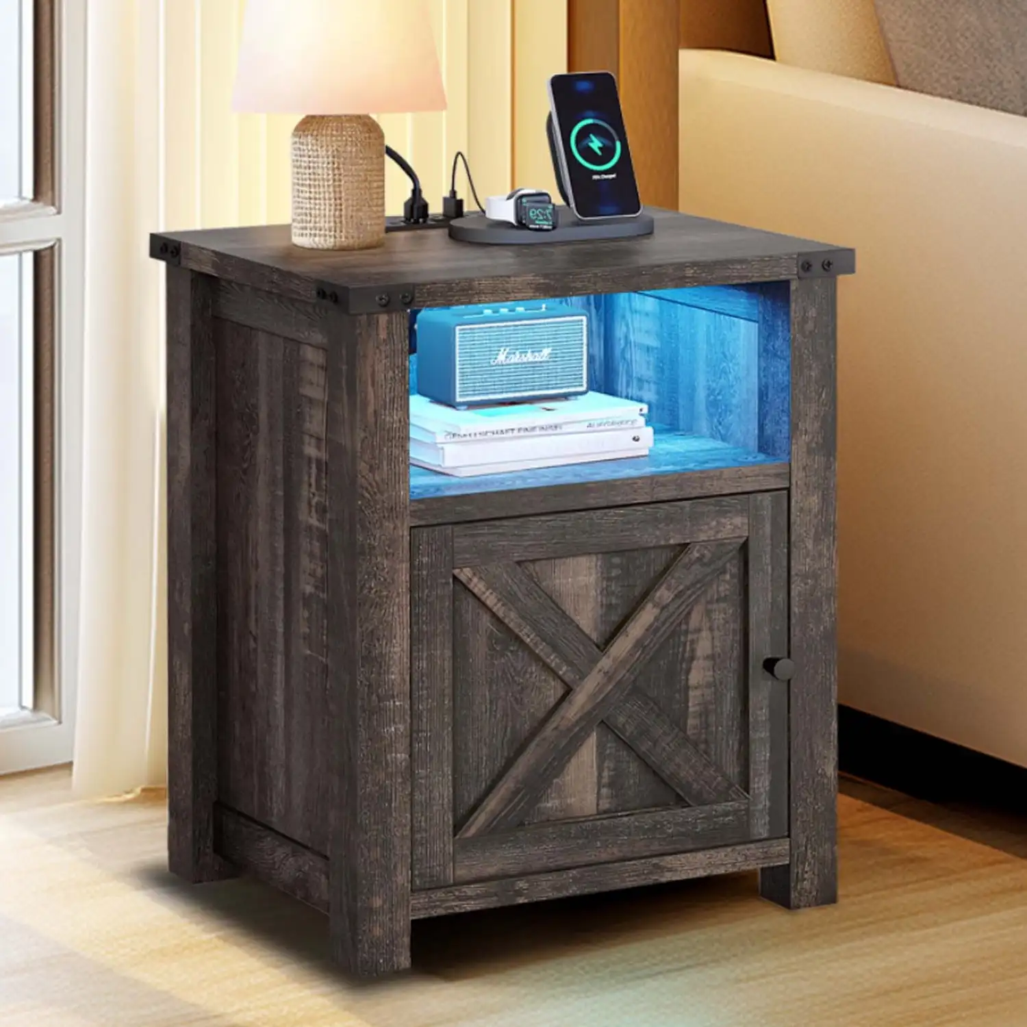 

Dextrus Farmhouse Nightstand with RGB LED Light, Wood Bedside Table with Charging Station for Living Room, Rustic Brown