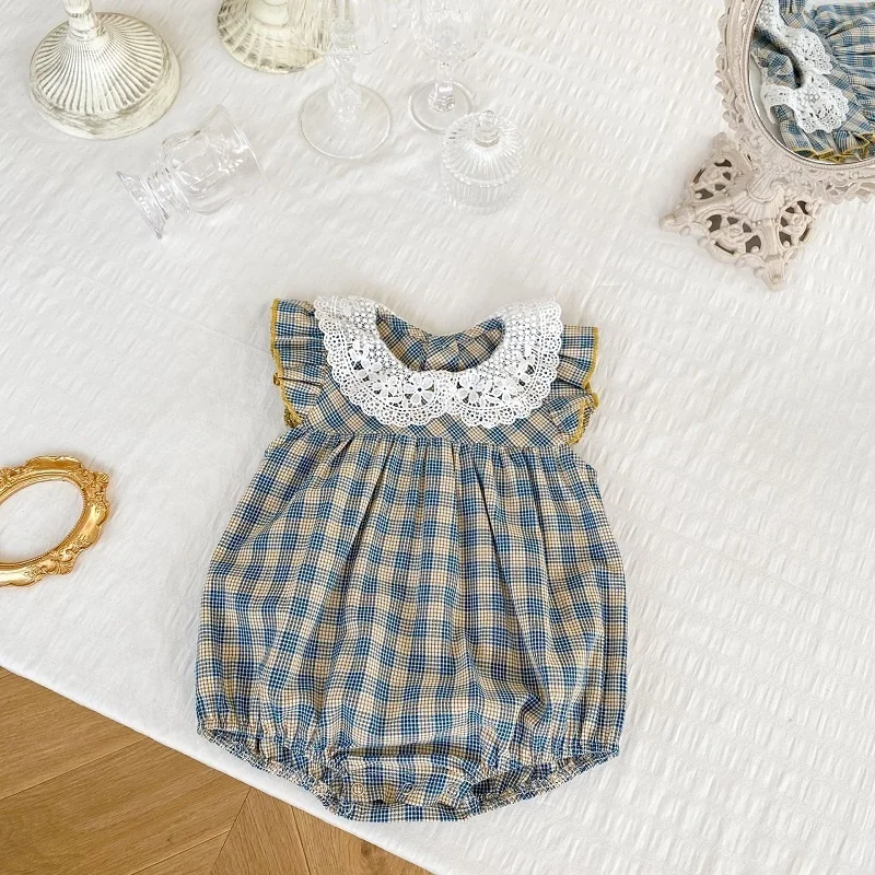 

Infants Baby Girl Romper Baby Girl Plaid Floral Lace Collar Flying Sleeve Jumpsuit Cotton Baby Plaid Romper Bodysuit Clothing