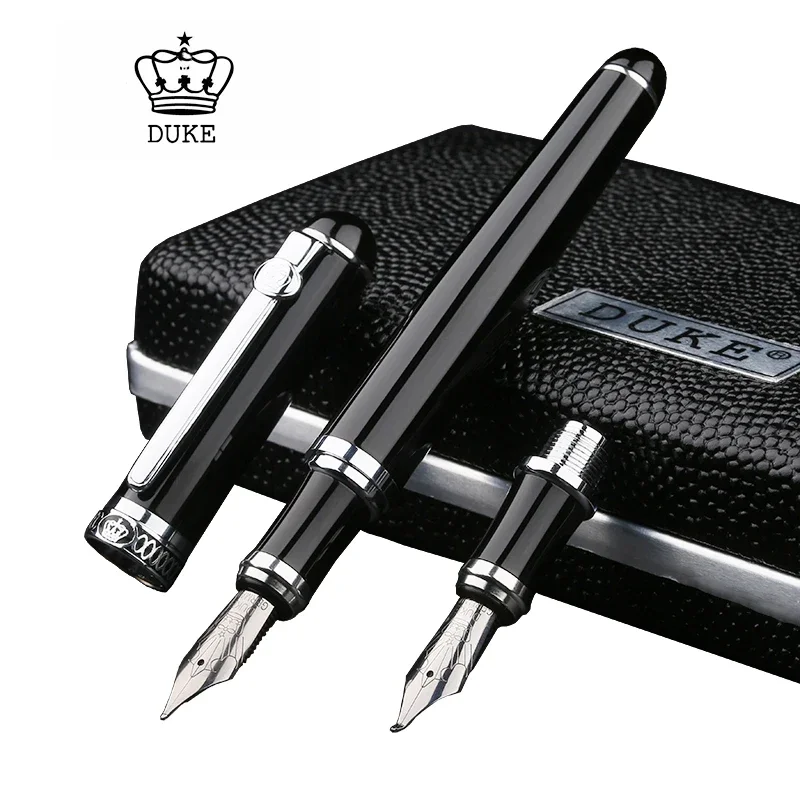 Duke D2 Black Silver Clip d2 Medium Nib Fountain Pen with 1pc Calligraphy Fude Bent Nib Interchangeable Set for Writing Practice chinese calligraphy practice copybook student water writing cloth set imitation rice paper reusble water writing cloth set