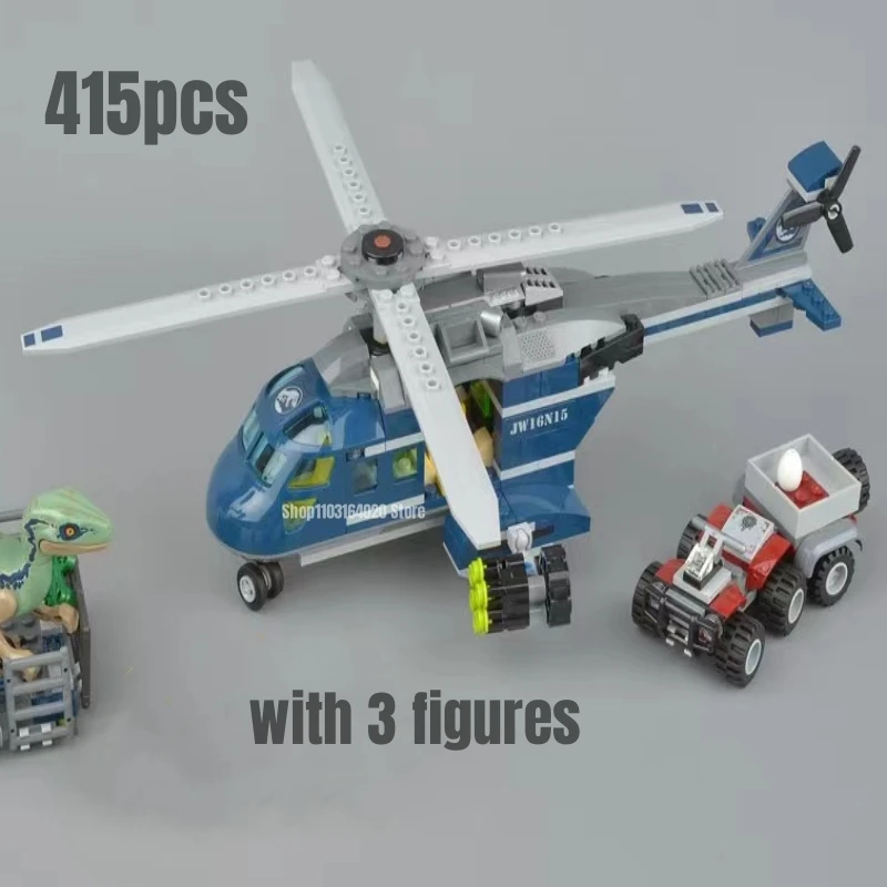 415Pcs Jurassic Model World Blue Helicopter Pursuit Building Blocks Fit 75928 Bricks Dinosaur Toy Gift For Kids