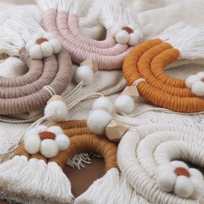 Macrame Rainbow Wall Hanging Decor Handmade Nordic Style DIY Rope Woven Flower Rainbow Tapestry for Baby Room Nursery
